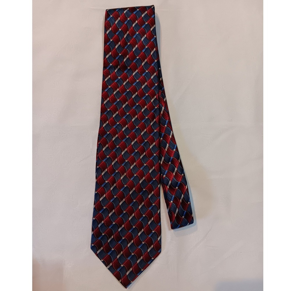 Modena Uomo Mens Silk Tie Red Blue Geometric Wavy Abstract Woven Made in Italy
